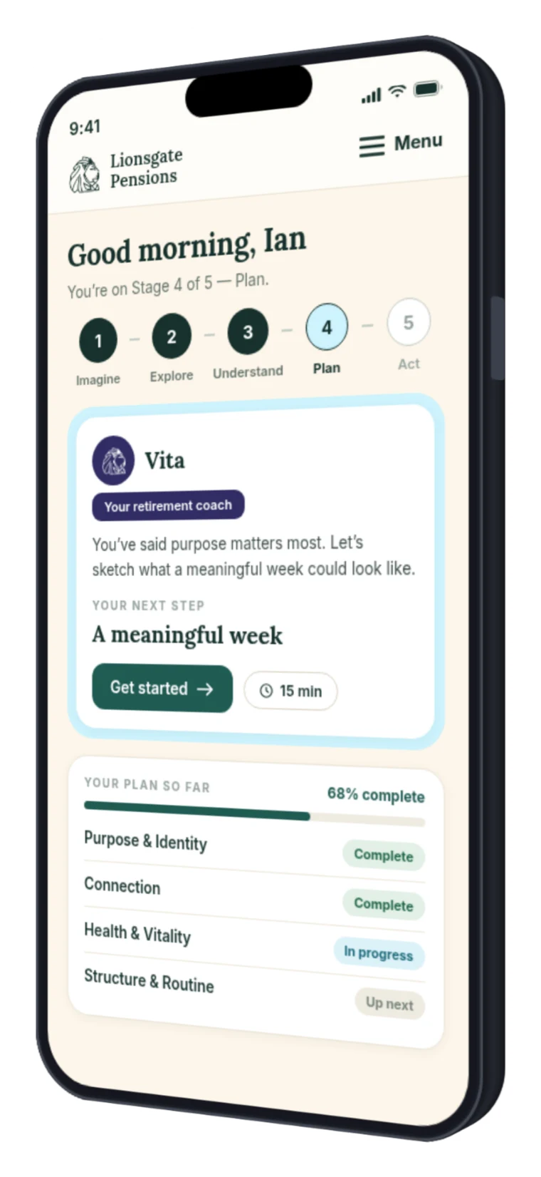 The Chorus app home screen, white-labelled for a pension provider, showing the customer's next coaching step with Vita and their plan progress