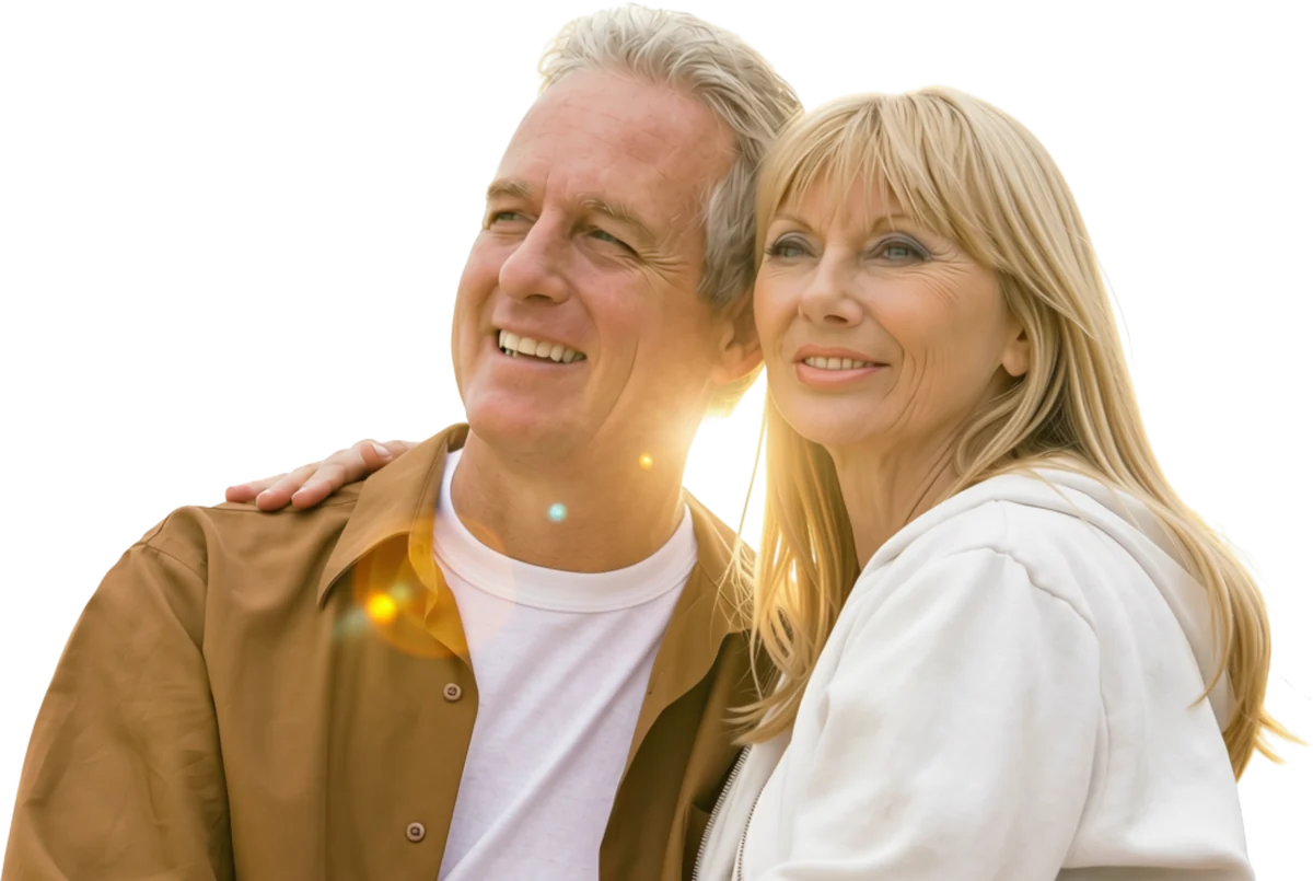 A smiling couple in their sixties, looking ahead together
